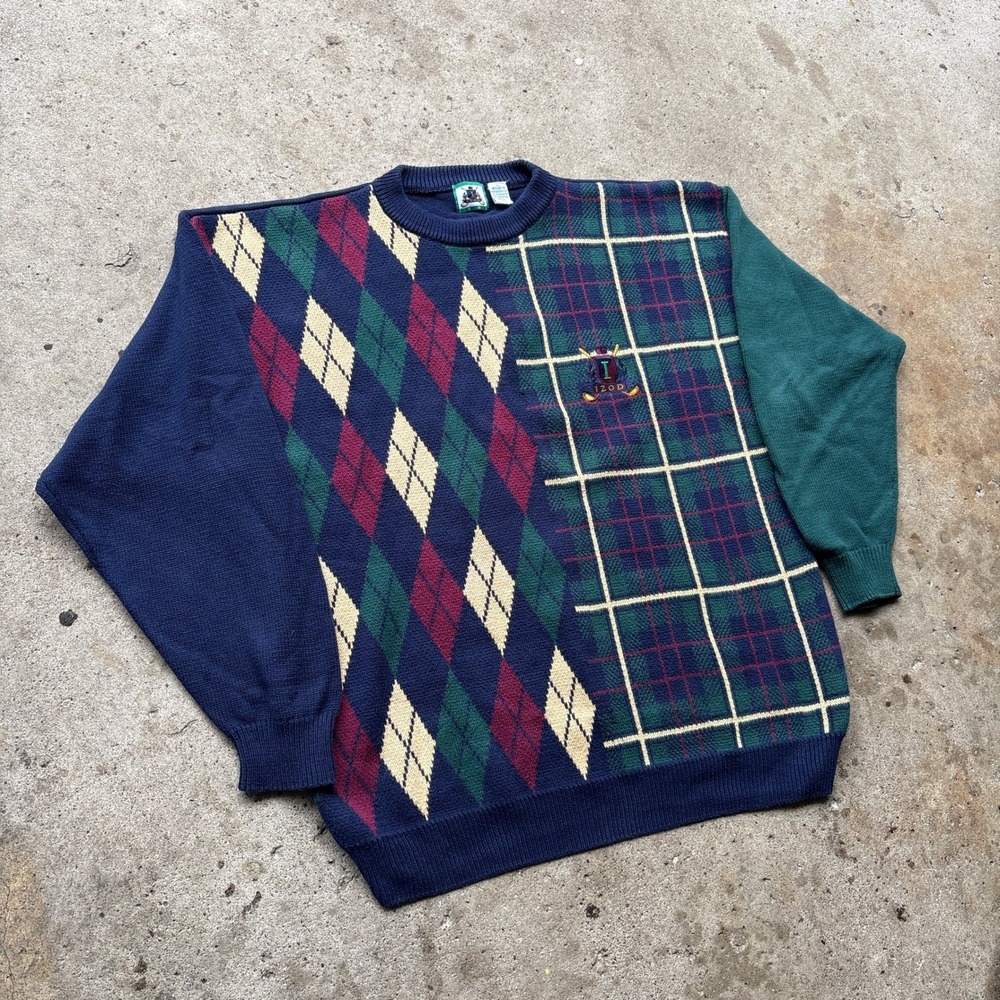 Vintage IZOD Argyle Plaid Colorblock Cotton Knit Sweater Mens XL Navy Green